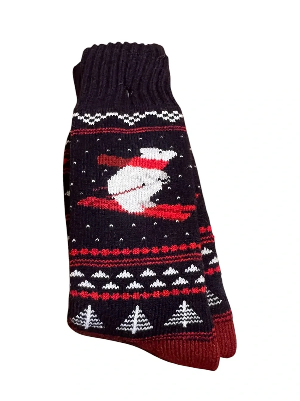 Unisex‎ Christmas Socks Polar Bear Skiing Navy Blue White Red Holiday Crew Socks